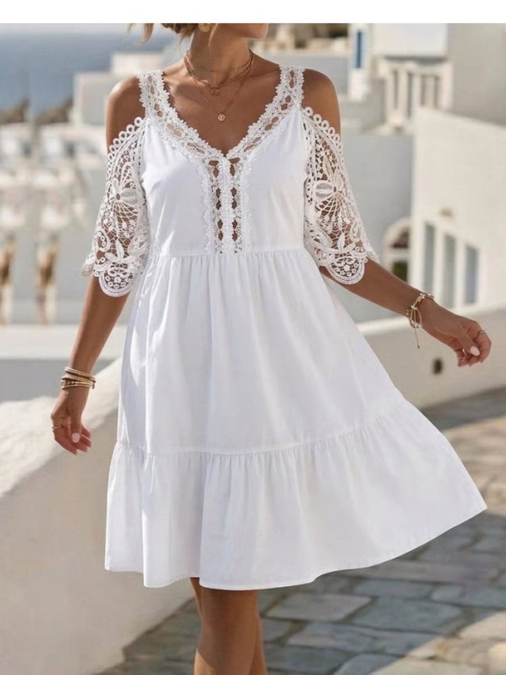 NWT White Boho Crochet Lace Peep Shoulder Dress